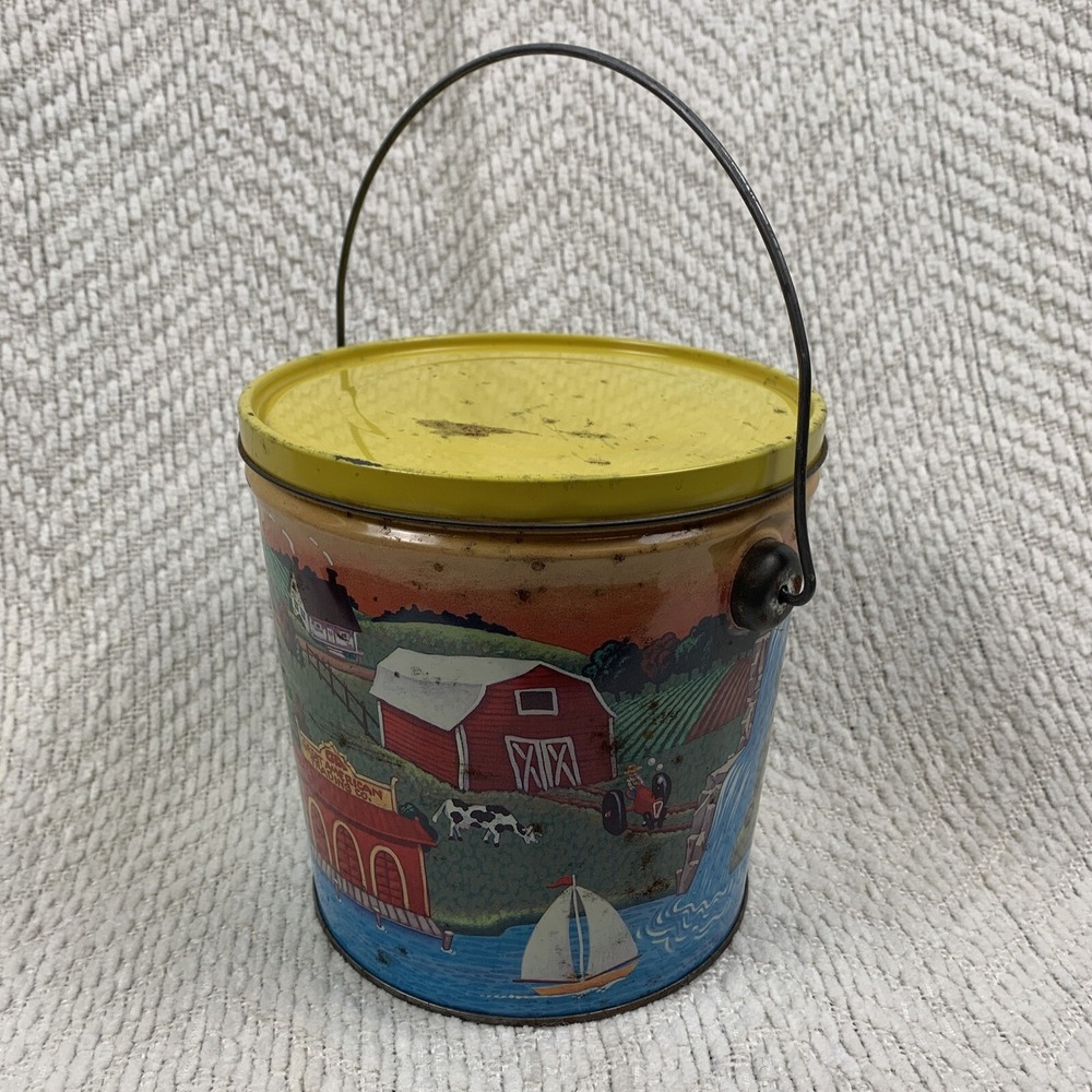 Vintage Tin Candy Pail‎ Nashville Tennessee Great Graphics Farm Riverboat USA